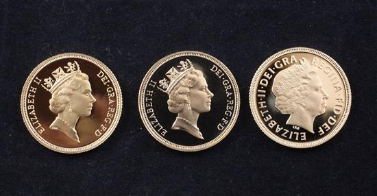 Three gold proof full sovereigns, 1991, 1993 &1999,